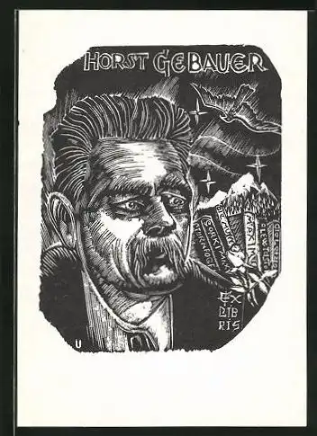 Exlibris Horst Gebauer, Gelehrter Mann mit Büchern, Vogel