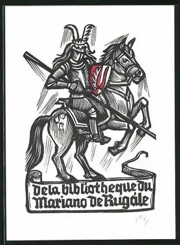 Exlibris Meriano de Rugále, Ritter auf seinem Pferd mit einem Schild und Langwaffe
