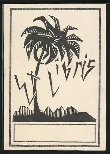 Exlibris Palme mit Bergen im Hintergrund
