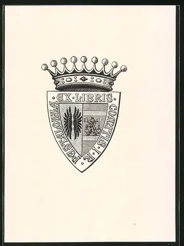 Exlibris Comitis I. R. Pestalozza, Wappen mit Krone und Flügeln