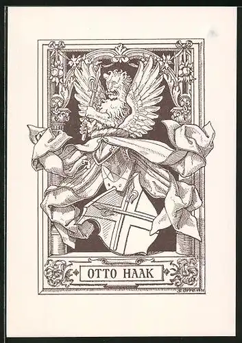Exlibris Otto Haak, Wappen mit Ritterhelm und Löwe mit Flügeln
