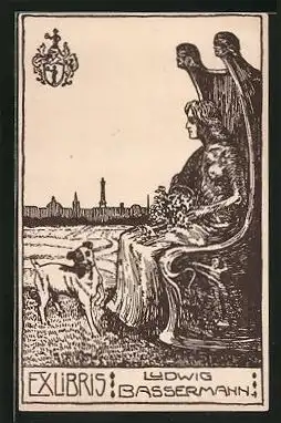 Exlibris Ludwig Bassermann, Frau sitzt Oberkörperfrei auf ihrem Tron und schaut zum Ort, Hund