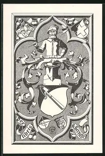 Exlibris A. Berrsche, Wappen mit Ritterhelm, Schaufel und Äskulapstab