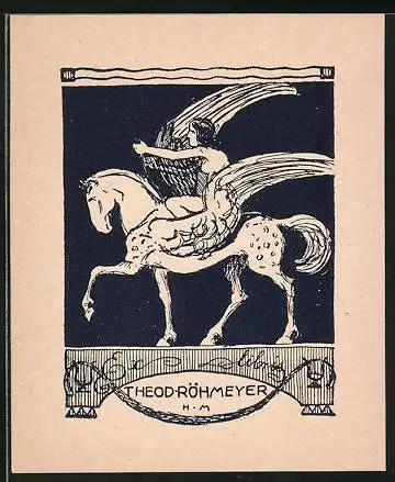 Exlibris Theod. Röhmeyer, Mann reitet Pegasus