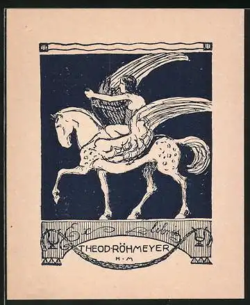 Exlibris Theod. Röhmeyer, Frau mit Harfe reitet Pegasus