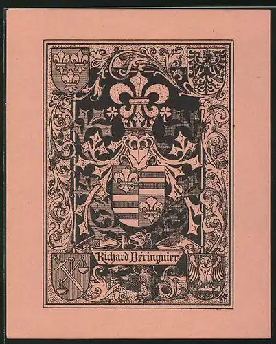 Exlibris Richard Beringuier, Wappen mit Ritterhelm und Krone, Adler, Eule