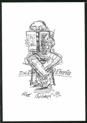 Exlibris Horst Gebauer, Mann am Lesen auf einem Stuhl