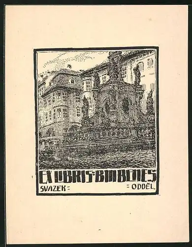Exlibris B. M. Benes, Schlosseingang mit Monumenten