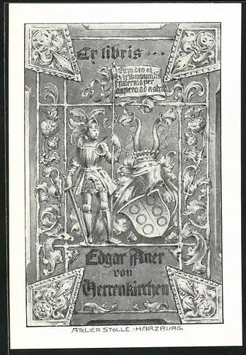 Exlibris Edgar Auer, Herrenkirchen, Wappen mit Ritterhelm, Hörner und Ringe, Ritter mit Schwert