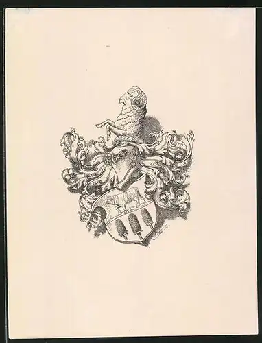 Exlibris Wappen mit Ritterhelm, Bock und Tannzapfen
