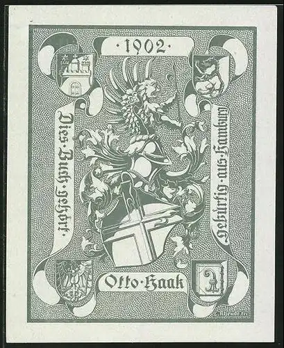 Exlibris Otto Haak, Wappen mit Greif, Ritterhelm und Adler