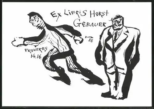 Exlibris Horst Gebauer, Mann rennt vor einem anderen Mann im Anzug davon