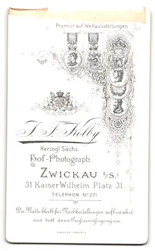 Fotografie J. F. Kolby, Zwickau i. S., Kaiser Wilhelm Platz 31, hübsches Fräulein im Puffärmelkleid