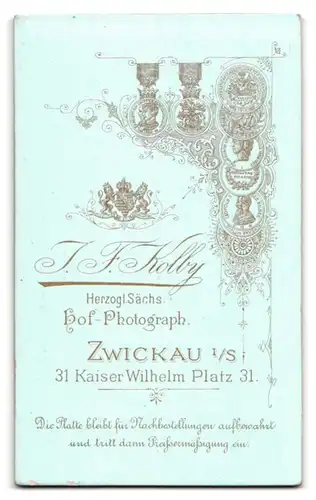 Fotografie J. F. Kolby, Zwickau i.S., Kaiser Wilhelm Platz 31, junge Frau in gestreiftem Kleid