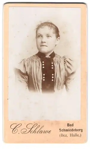 Fotografie C. Schlawe, Bad Schmiedeberg, Portrait eines elegant gekleideten Fräuleins mit Brosche am Kragen