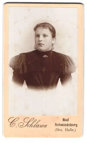 Fotografie C. Schlawe, Bad Schmiedeberg, Portrait bildschönes Fräulein mit Brosche am Kleiderkragen