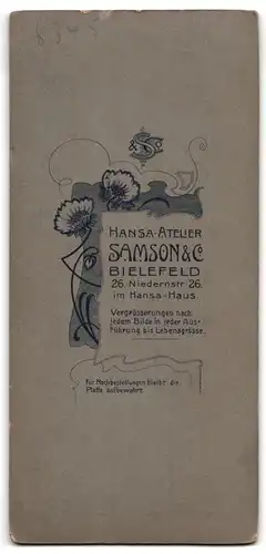 Fotografie Hansa Atelier Samson & Co., Bielefeld, Niedernstrasse 26, bürgerliche Dame im taillierten Kleid mit Hut