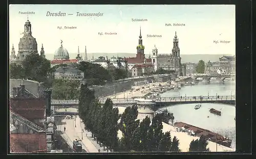 AK Dresden, Terrassenufer mit Schlossturm, Ständehaus und Frauenkirche