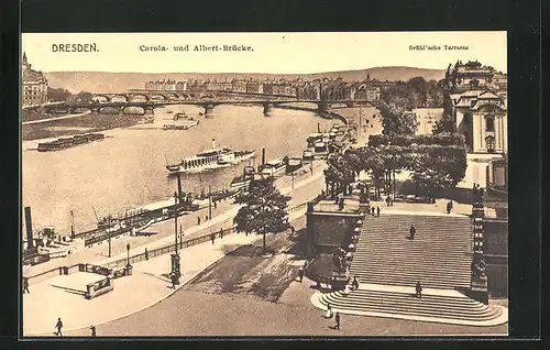 AK Dresden, Carola- und Albert-Brücke mit Dampfern, Brühl`sche Terrasse