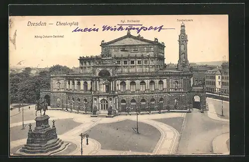 AK Dresden, Theaterplatz mit Fernheizwerk, Kgl. Hoftheater und König-Johann-Denkmal