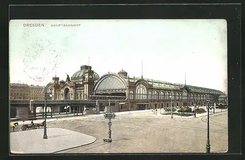 AK Dresden, Hauptbahnhof mit Pferdewagen