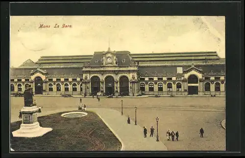 AK Mons, La Gare, Bahnhof mit Vorplatz