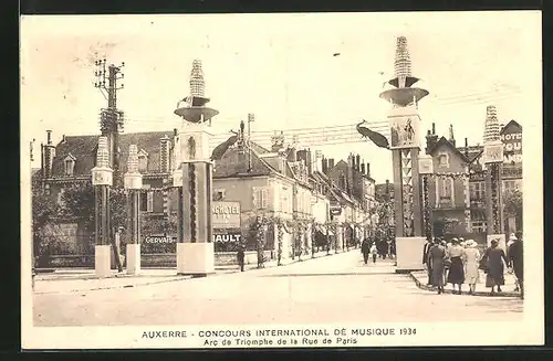 AK Auxerre, Concours International de Musique 1934, Arc de Triomphe de la Rue de Paris