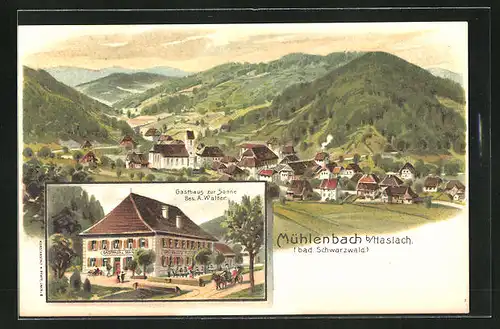 Lithographie Mühlenbach b. Haslach, Gasthaus zur Sonne, Totalansicht