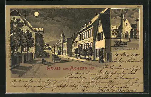 Mondschein-Lithographie Achern i. B., Hauptstrasse, S.F. Gock Weinhandlung, St. Nicolauskapelle