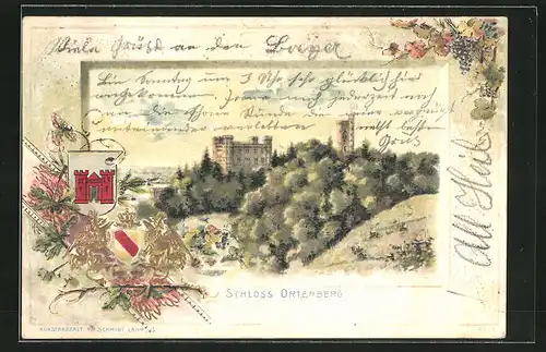 Passepartout-Lithographie Ortenberg, Schloss Ortenberg, Wappen