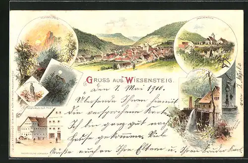 Lithographie Wiesensteig, Gasthaus zur Post, Reussenstein, Steinernes Weib, Malakoff, Drackenstein, Papiermühle