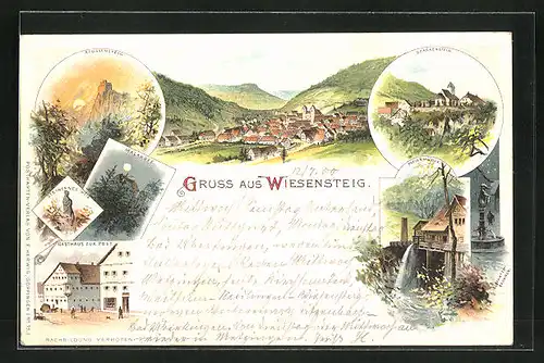 Lithographie Wiesensteig, Gasthaus zur Post, Steinernes Weib, Papiermühle, Reussenstein, Drackenstein, Papiermühle