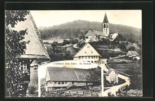 AK St. Roman, Gasthaus zum Adler, Ortspartie mit Kirche