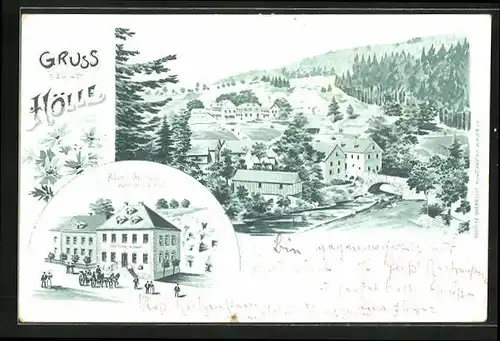 Lithographie Hölle, Adams Gasthaus zum Höllenthal mit Pferdewagen, Teilansicht