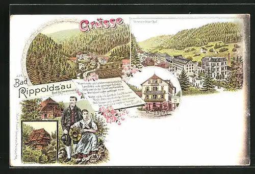 Lithographie Rippoldsau /Bad. Schwarzwald, Mineral & Moor-Bad, Bauernhaus, Teilansicht