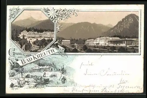Vorläufer-Lithographie Bad Kreuth, 1894, Hollensteinalpe mit Rindern, Ortspartien