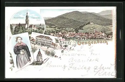 Lithographie Gengenbach, Klosterkriche & Praeparandenschule, Rathaus, Nicolaus-Turm