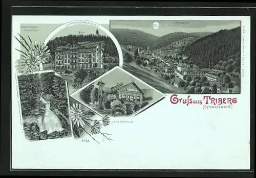 Mondschein-Lithographie Triberg /Schwarzwald, Schwarzwald Hotel, Gewerbehalle, Wasserfall