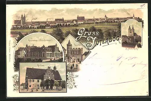Lithographie Jüterbog, Kasernement Offizier-Speiseanstalt, Dammtor, Rathaus