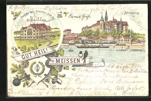 Lithographie Meissen, Albrechtsburg mit Dampfer Meissen, Turnhalle des Turnvereins Frisch Auf