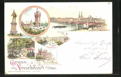 Lithographie Frankfurt a /Oder, Gasthaus Buschmühle, Kleistturm, Wilhelmsplatz