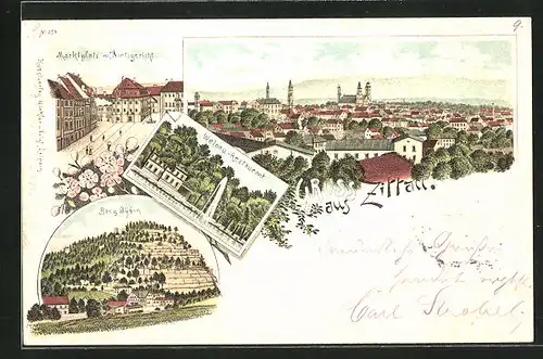 Lithographie Zittau, Weinau-Restaurant mit Fontäne, Marktplatz mit Amtsgericht, Berg Oybin