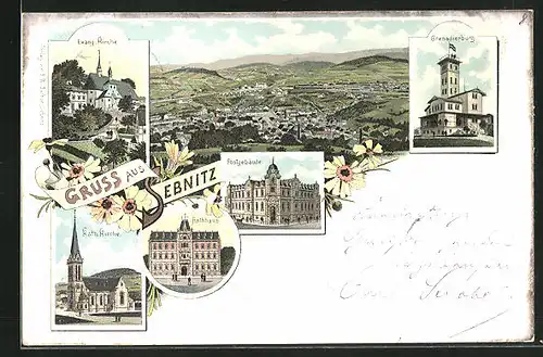 Lithographie Sebnitz, Grenadierburg, Postgebäude, Katholische Kirche