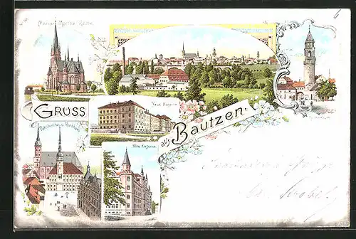 Lithographie Bautzen, Neue Kaserne, Petrikirche und Rathaus, Reichenturm