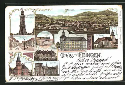 Lithographie Ebingen, Realschule, Ev. Kirche, Turnhalle