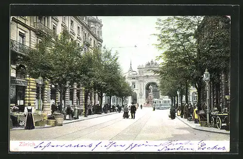 AK Zürich, Strassenpartie mit Strassenbahn