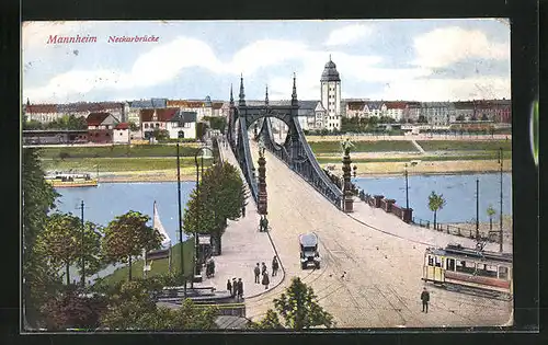 AK Mannheim, Neckarbrücke mit Strassenbahn