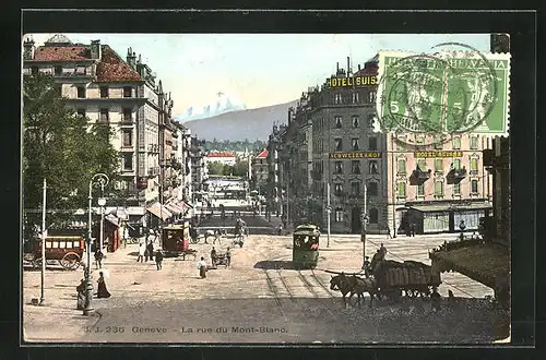 AK Genève, La rue du Mont-Blanc, Strassenbahn