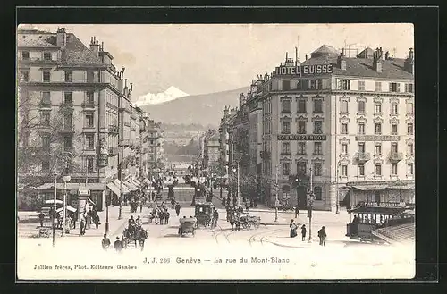 AK Genève, La rue du Mont-Blanc, Strassenbahn