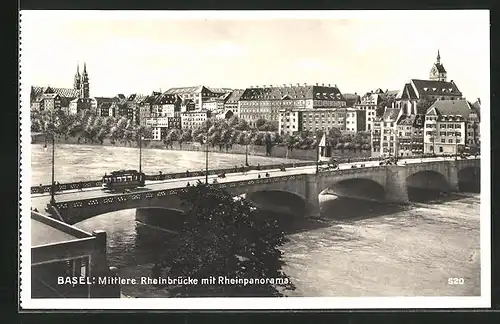 AK Basel, Mittlere Rheinbrücke mit Rheinpanorama und Strassenbahn